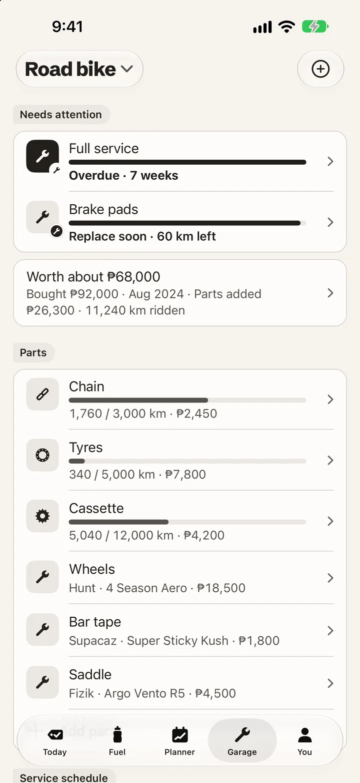 Garage for the road bike: full service overdue by 7 weeks, brake pads 60 km from replacing, worth about 68,000 pesos, and each part's kilometres against its life.